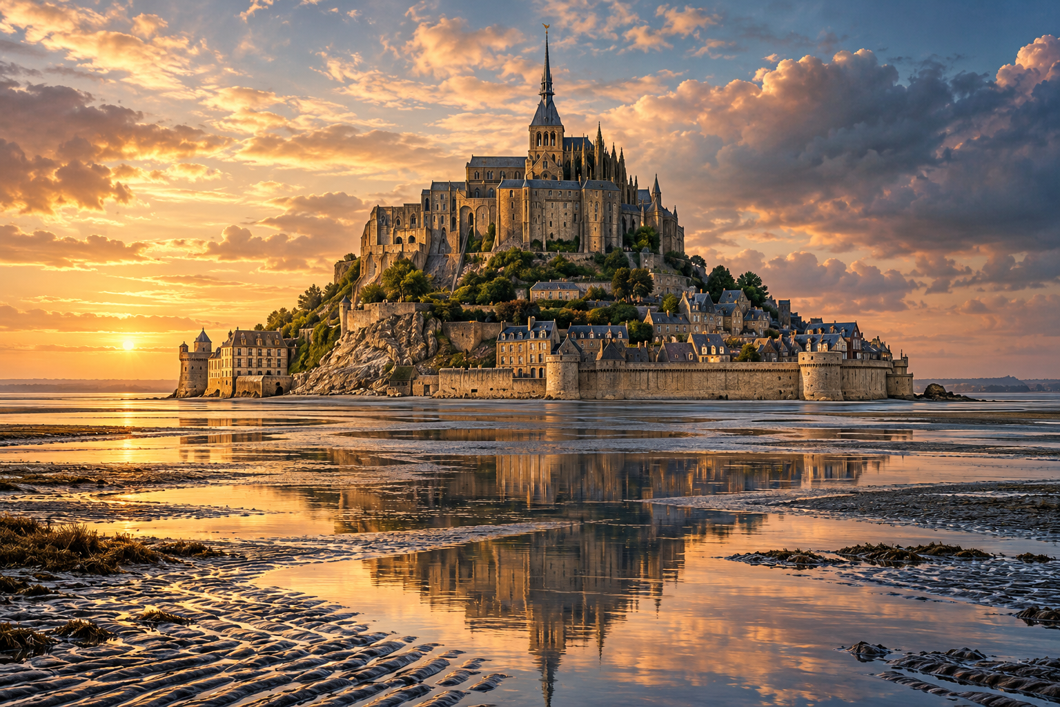 Mont Saint-Michel rising above the tidal flats in Normandy
