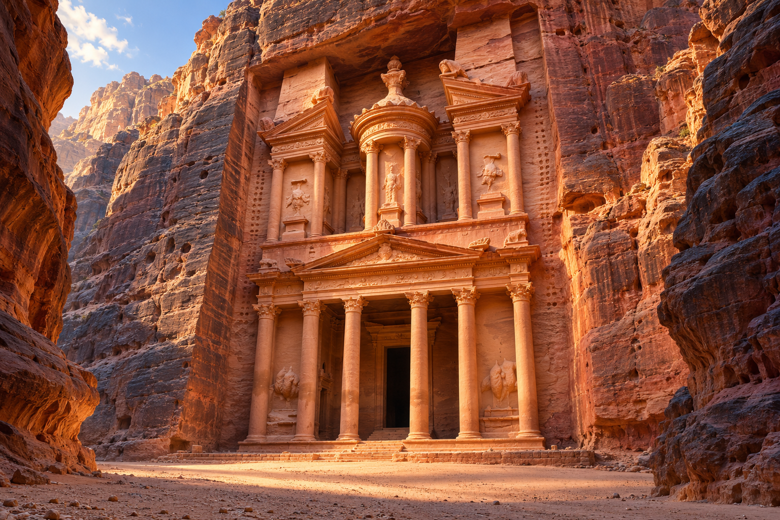 The Treasury at Petra carved into a rose-red sandstone cliff
